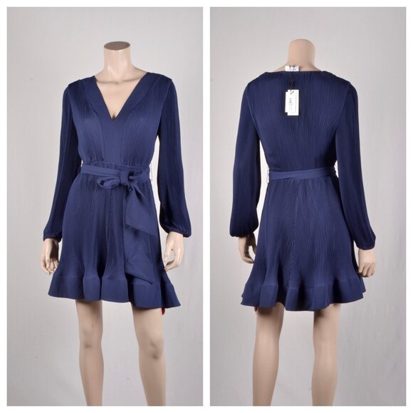 Milly Liv Belted Pleated Dress in Navy - Picture 2 of 5